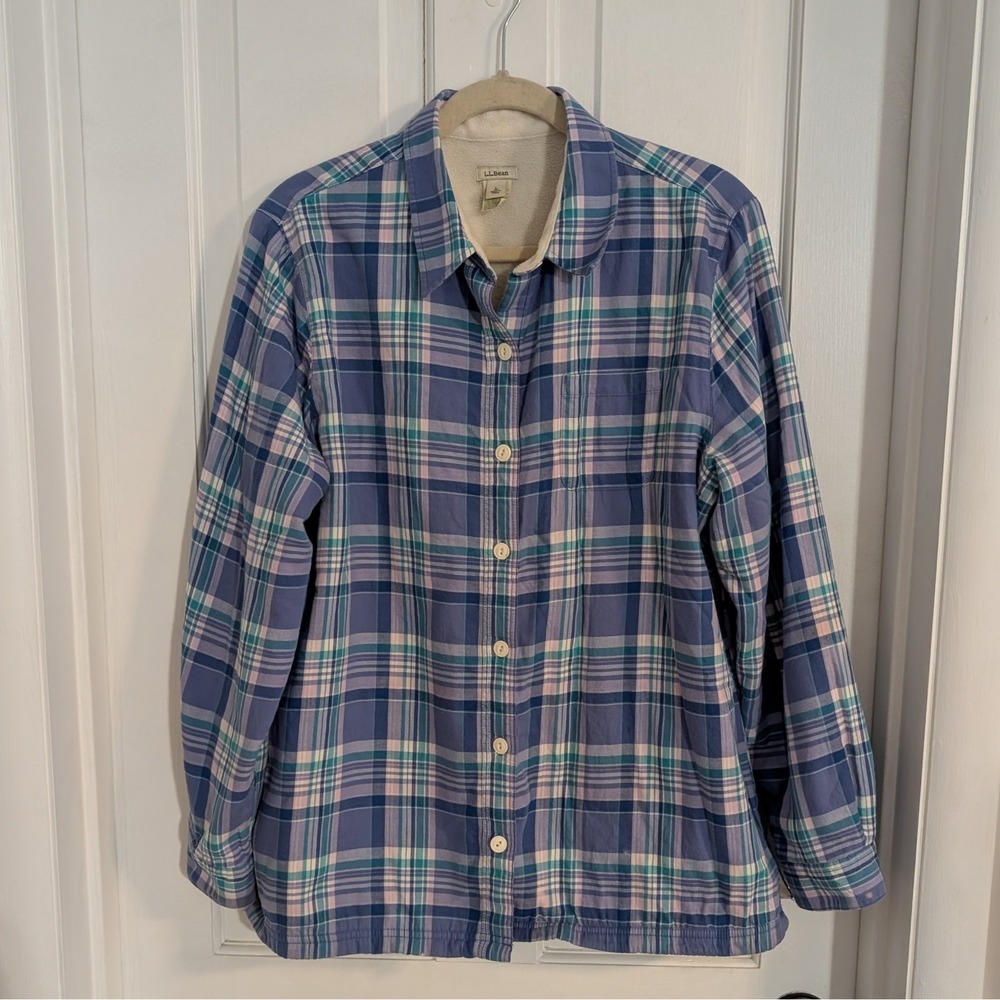VTG LL‎ Bean Womens Fleece Lined Plaid Shacket Jacket LARGE Chore Coat Work Wear